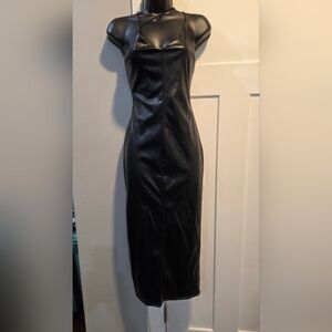 Sleek Black Faux Leather Midi Dress